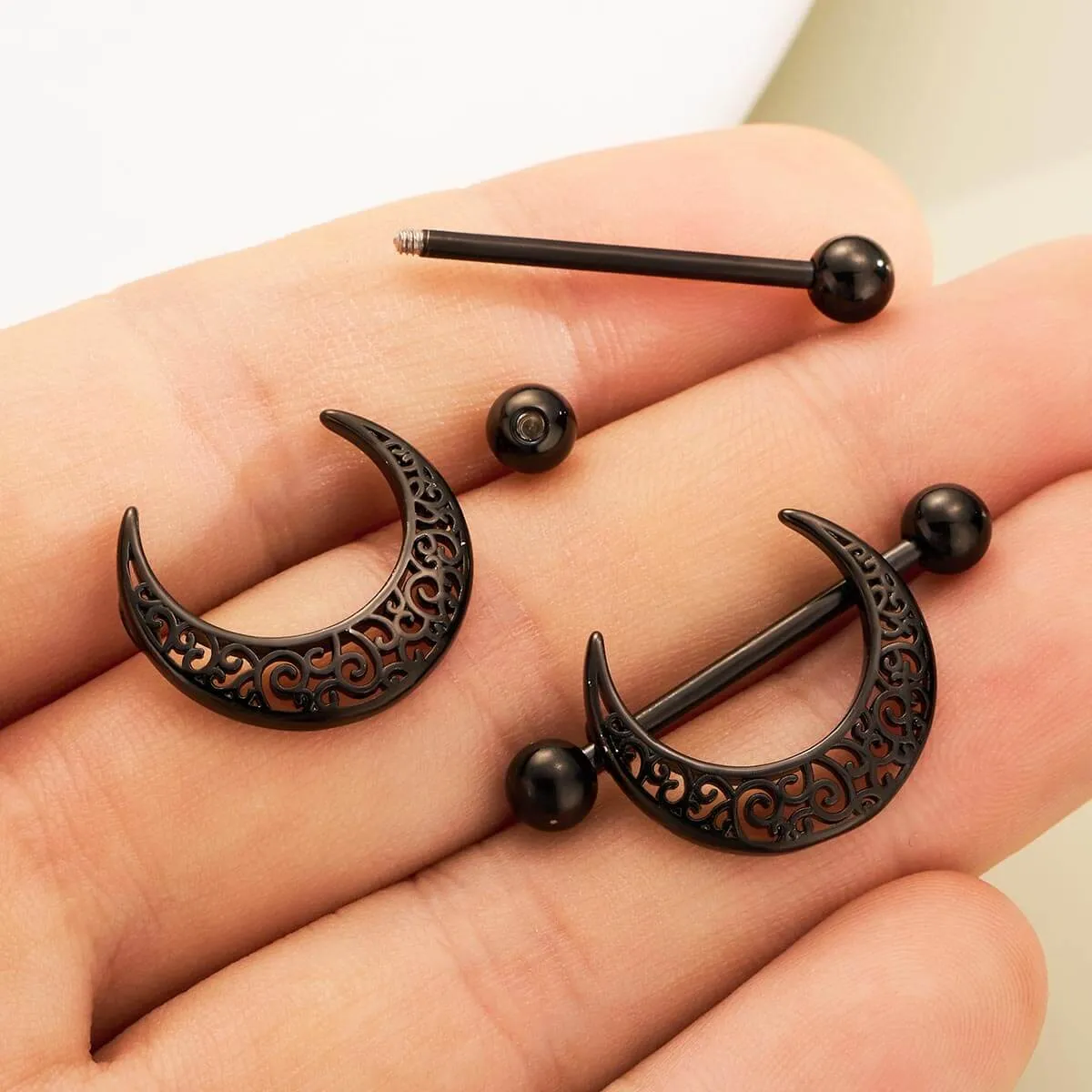 2PCS 14G Carved Out Moon Nipple Barbell