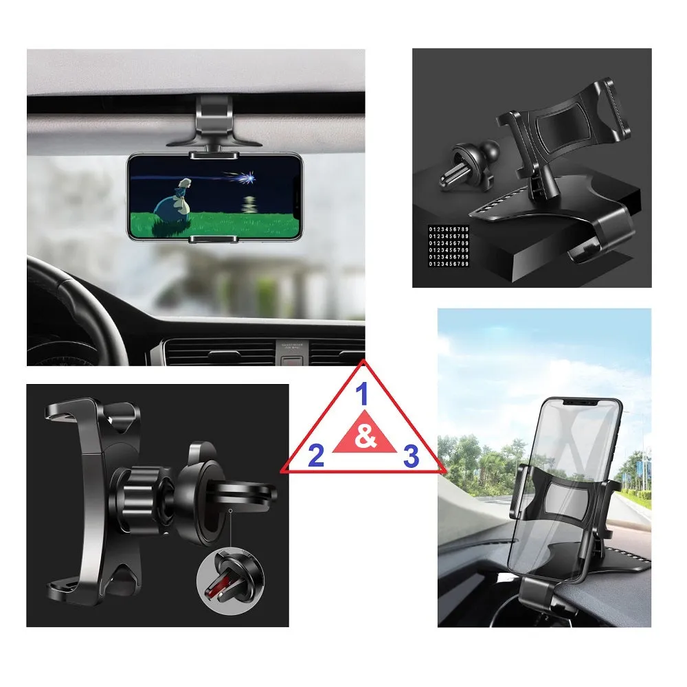 3 in 1 Car GPS Smartphone Holder: Dashboard / Visor Clamp   AC Grid Clip for ZTE Skate, Monte Carlo - Black