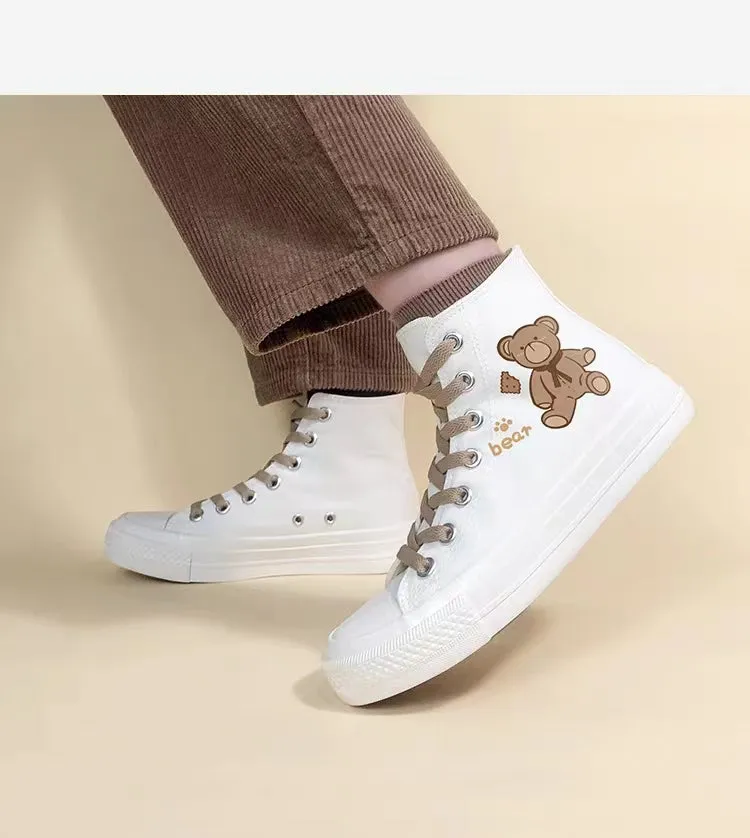 Cute Cartoon Bear Print High-top Canvas Shoes